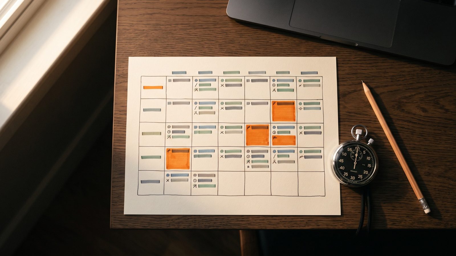 Handgezeichneter Wochen-Trainingsplan mit orangefarbenen Markierungen, daneben eine Stoppuhr